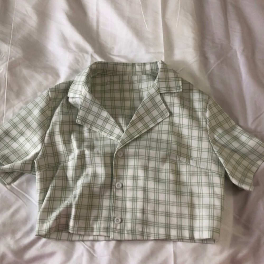 green/ white button top from shein, size M